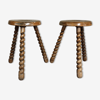 Tabourets tripodes bois pieds torsadés