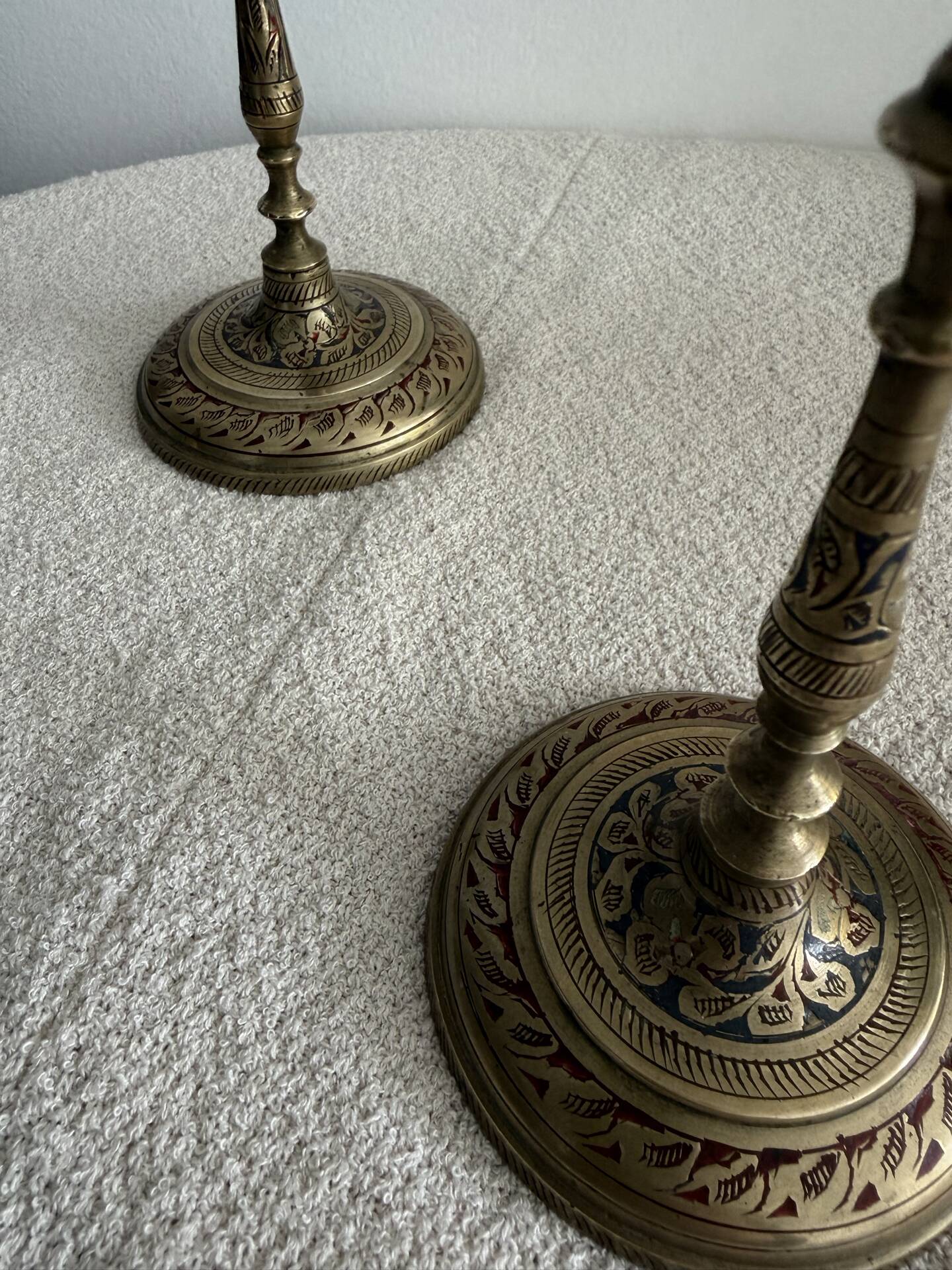 Pair of Vintage Etched Brass & Enamel Candlesticks - India,Mid-Century