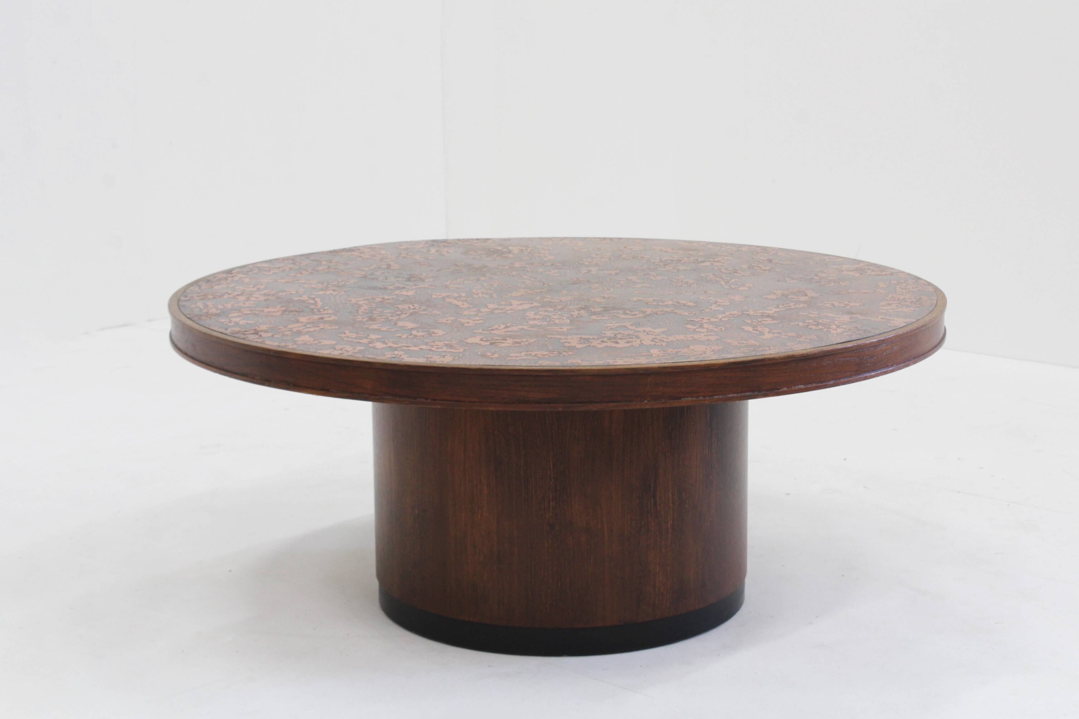 Vintage brutalist copper and wood round coffee table 1970s