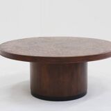 Vintage brutalist copper and wood round coffee table 1970s