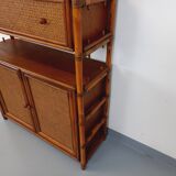Large vintage rattan, wood and cane bookcase from the 70s