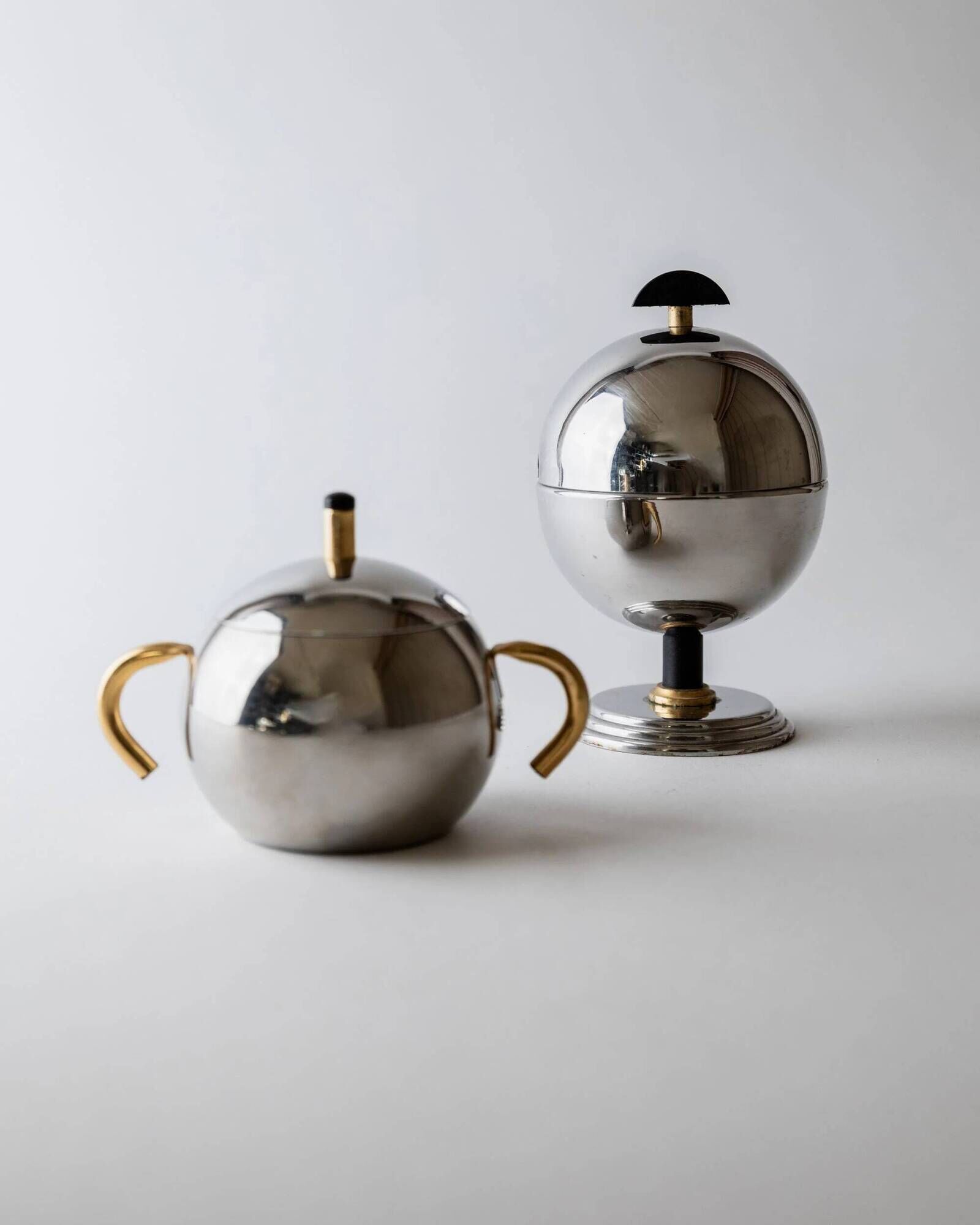 Vintage 1980s set of sugar or jam bowls, stainless steel and brass serving bowls, elegant postmodern tableware, breakfast service, gift idea.