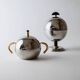 Vintage 1980s set of sugar or jam bowls, stainless steel and brass serving bowls, elegant postmodern tableware, breakfast service, gift idea.