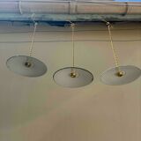 Lot of 3 vintage pendant lampshades in green and white enamelled sheet metal, industrial farm