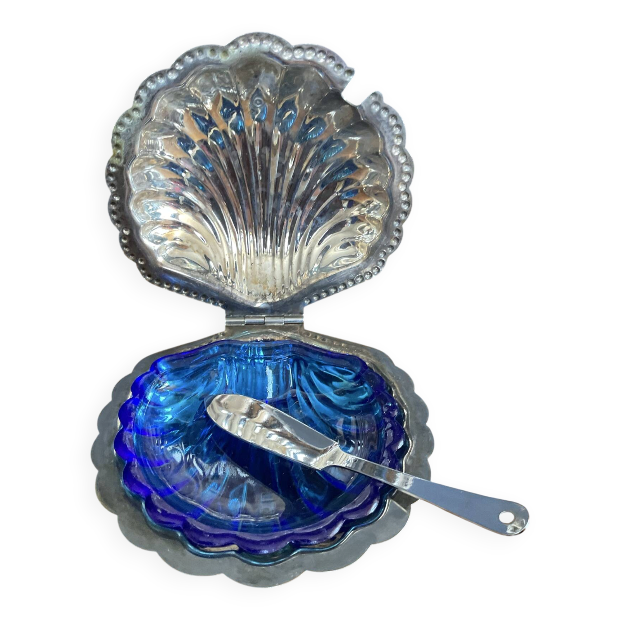 Beurrier coquillage vintage en métal et verre bleu