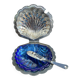 Beurrier coquillage vintage en métal et verre bleu