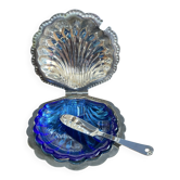 Beurrier coquillage vintage en métal et verre bleu