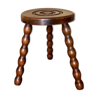Tabouret tripode bois tourné massif vintage