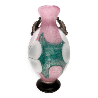 Postmodern Pink, Green and White Hand Blown Scavo Glass Vase, Murano, Italy