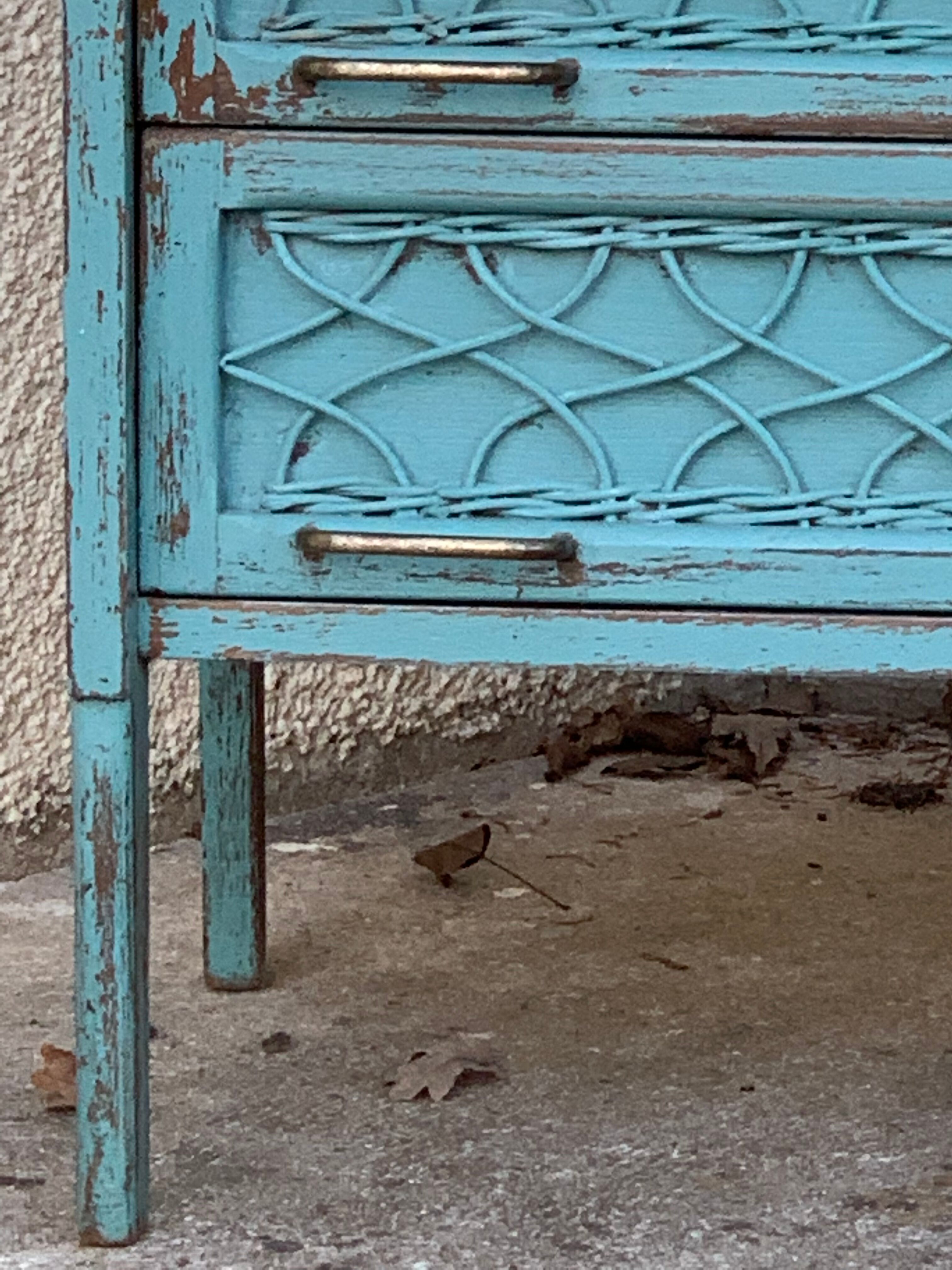 Vintage chest of drawers wood and rattan patina turquoise 1950
