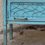 Vintage chest of drawers wood and rattan patina turquoise 1950