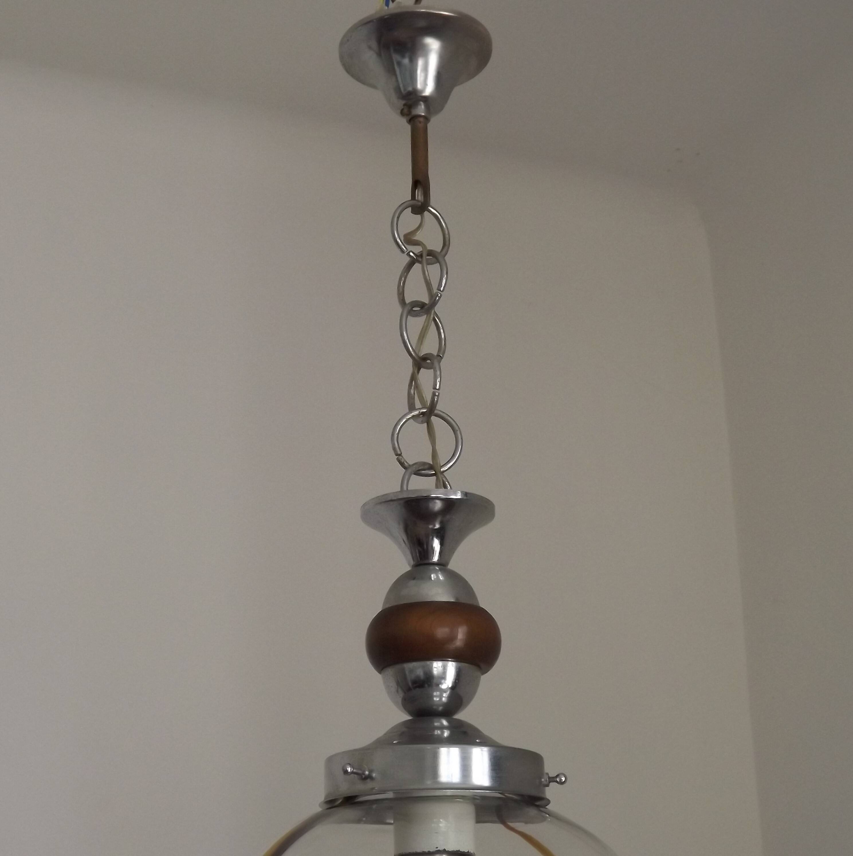 Vintage Murano Glass Globe Pendant Ceiling Light Amber Wave Mazzega Style