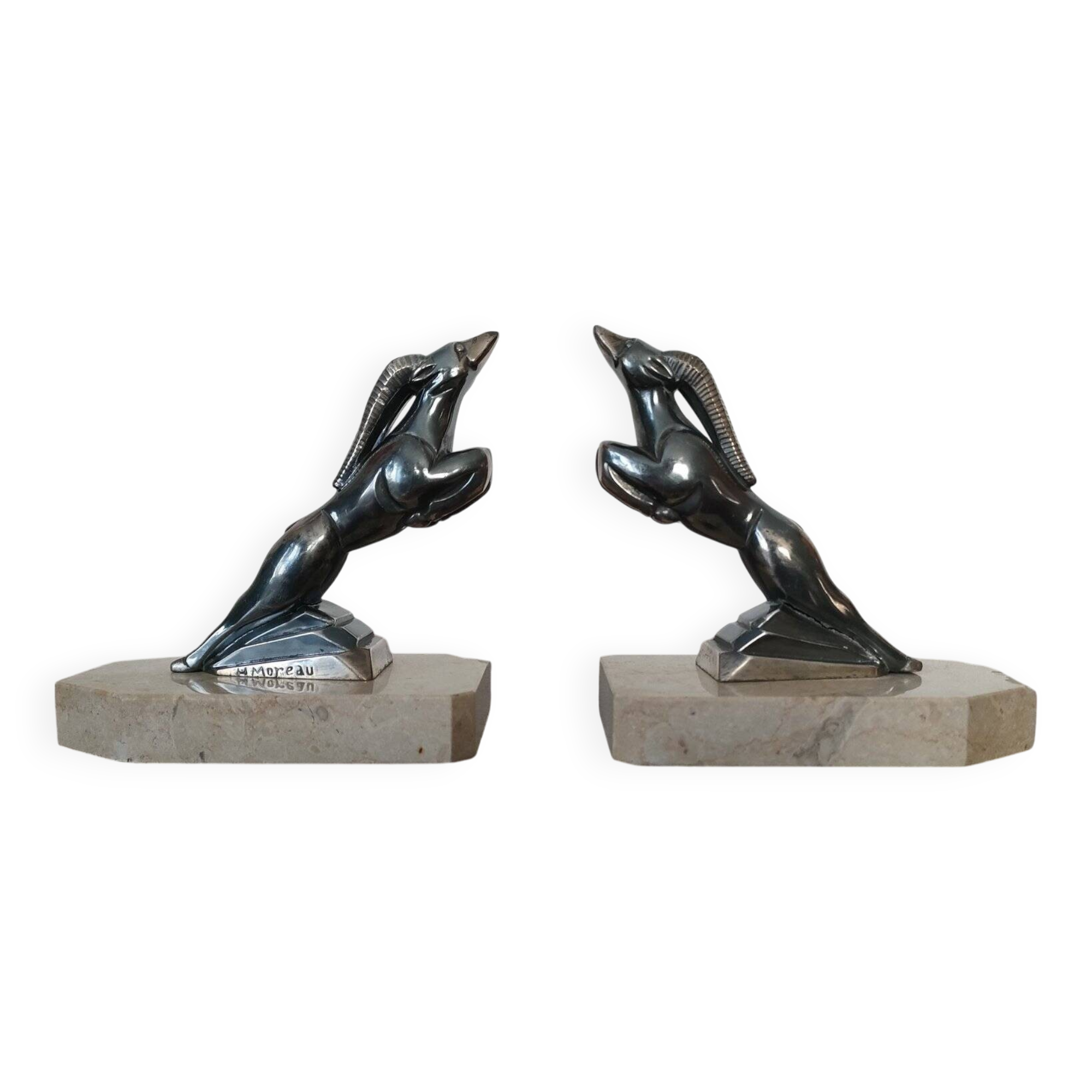 Pair of Gazelles bookends Hippolyte Moreau, signed - Spelter, marble