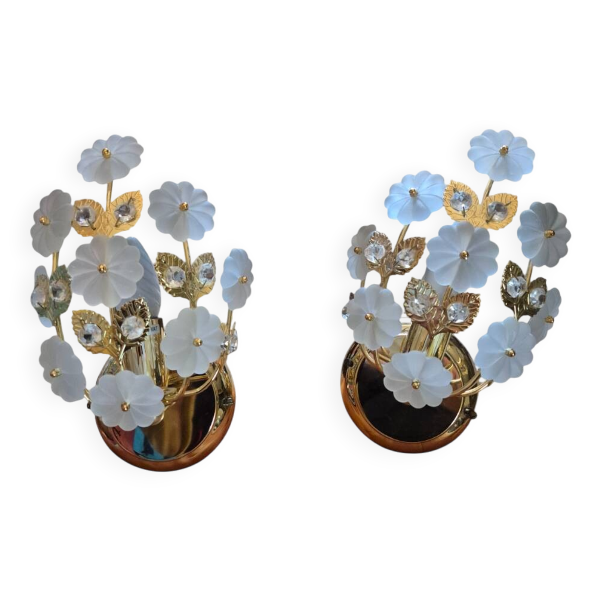 Pair of Banci Florence gold metal and crystal flower wall sconces