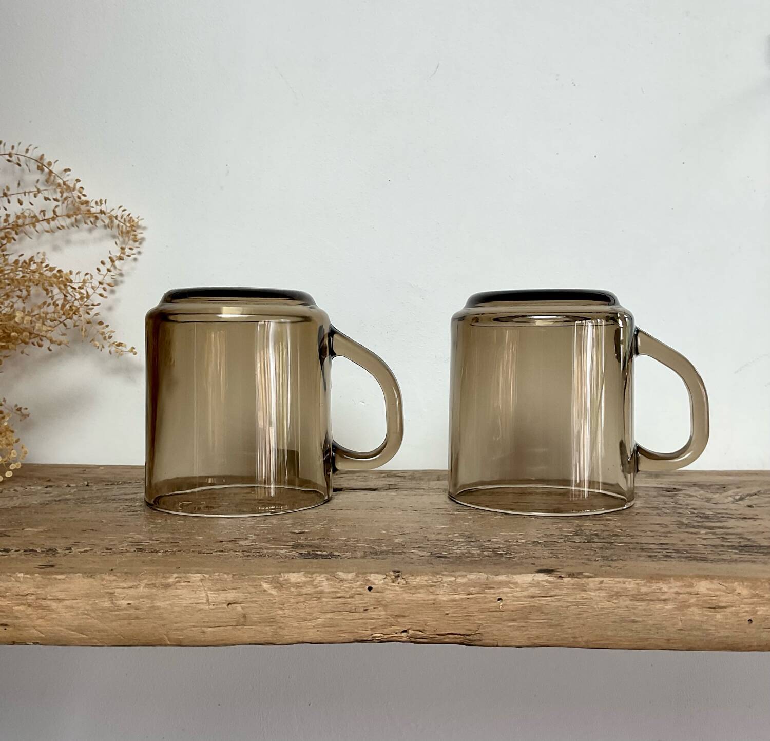 2 Arcoroc France smoked glass mugs