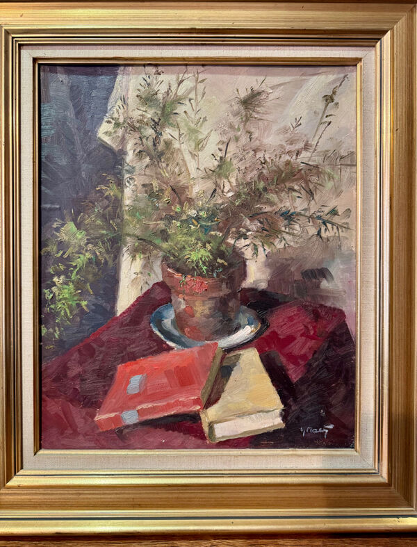 Tableau peinture nature morte aux livres XXème
