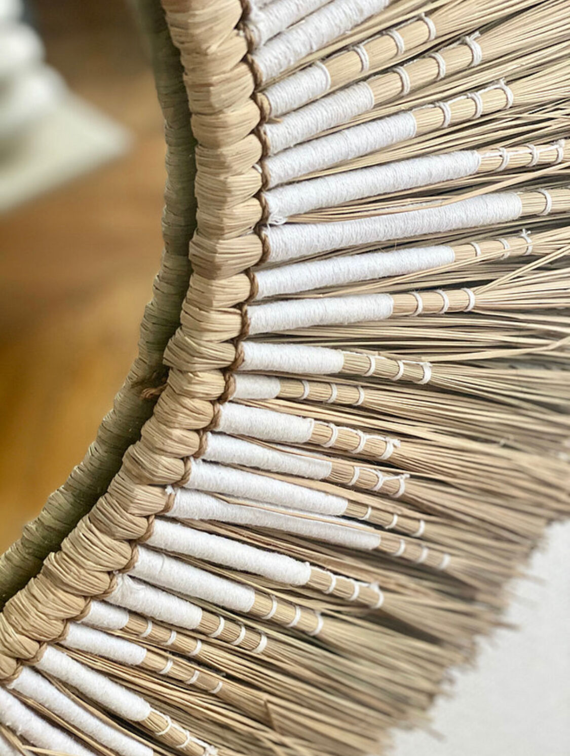 White bohemian raffia rattan and macrame sun mirror 40cm