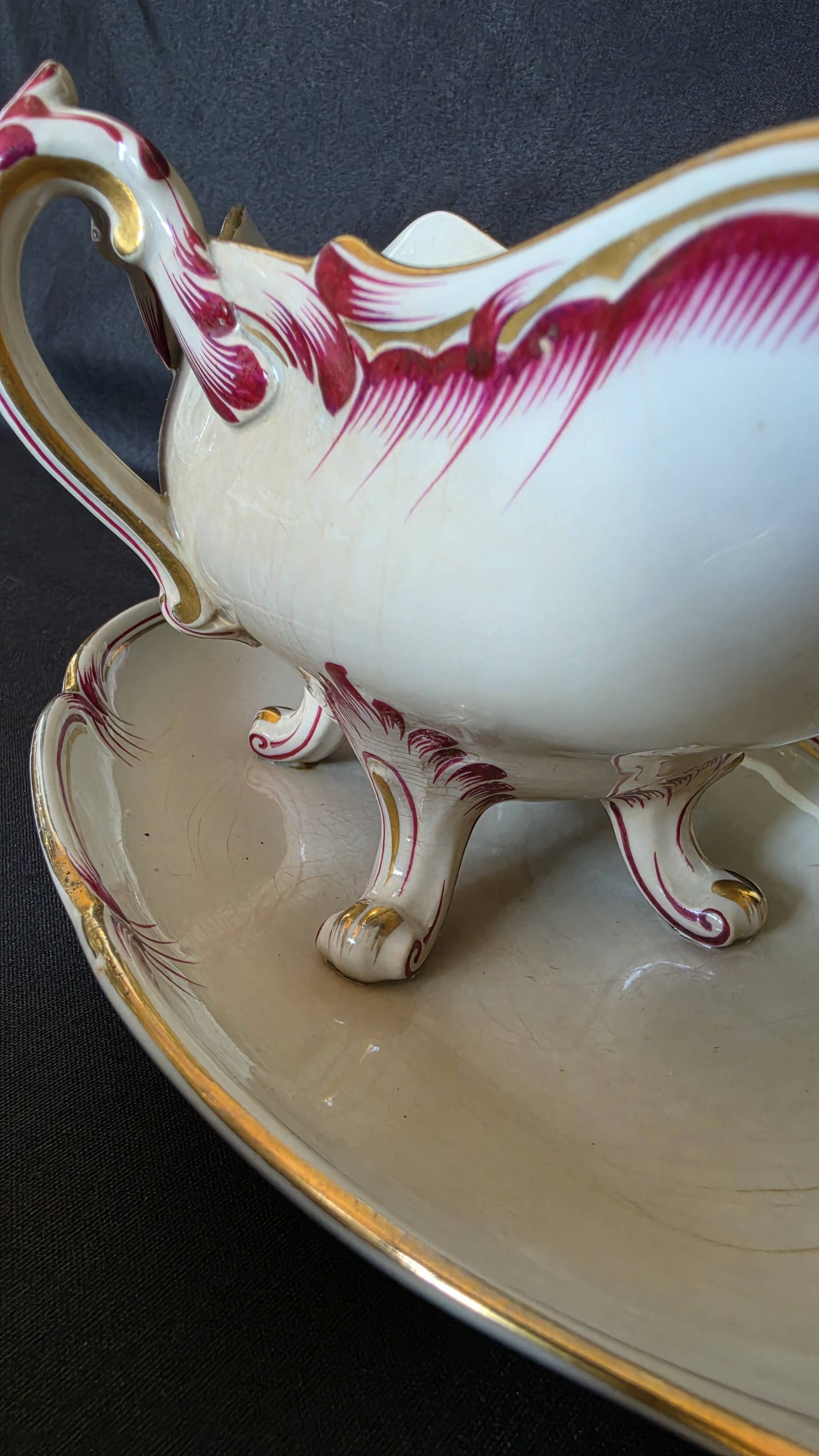 Antique sauce boat in fine earthenware from Sarreguemines, France, neo style.
