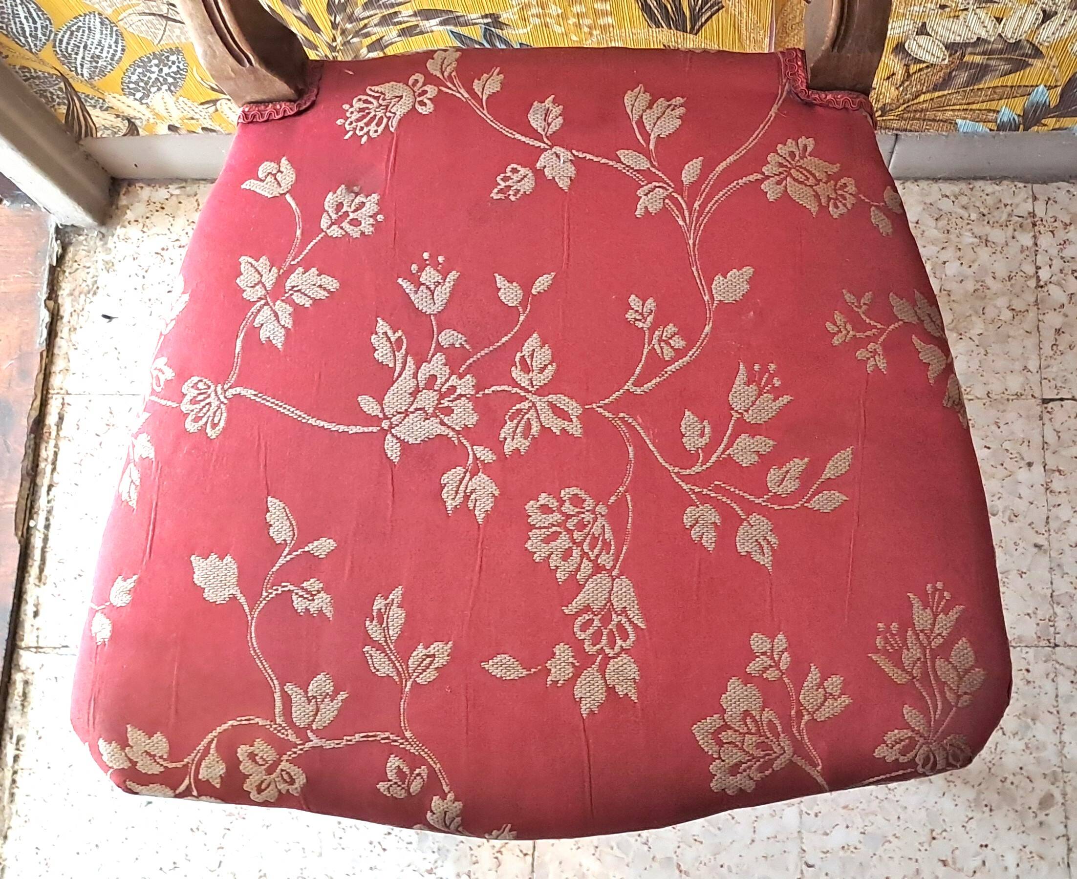 Wooden chair with varnished wood and red satin brocade fabric, 1920