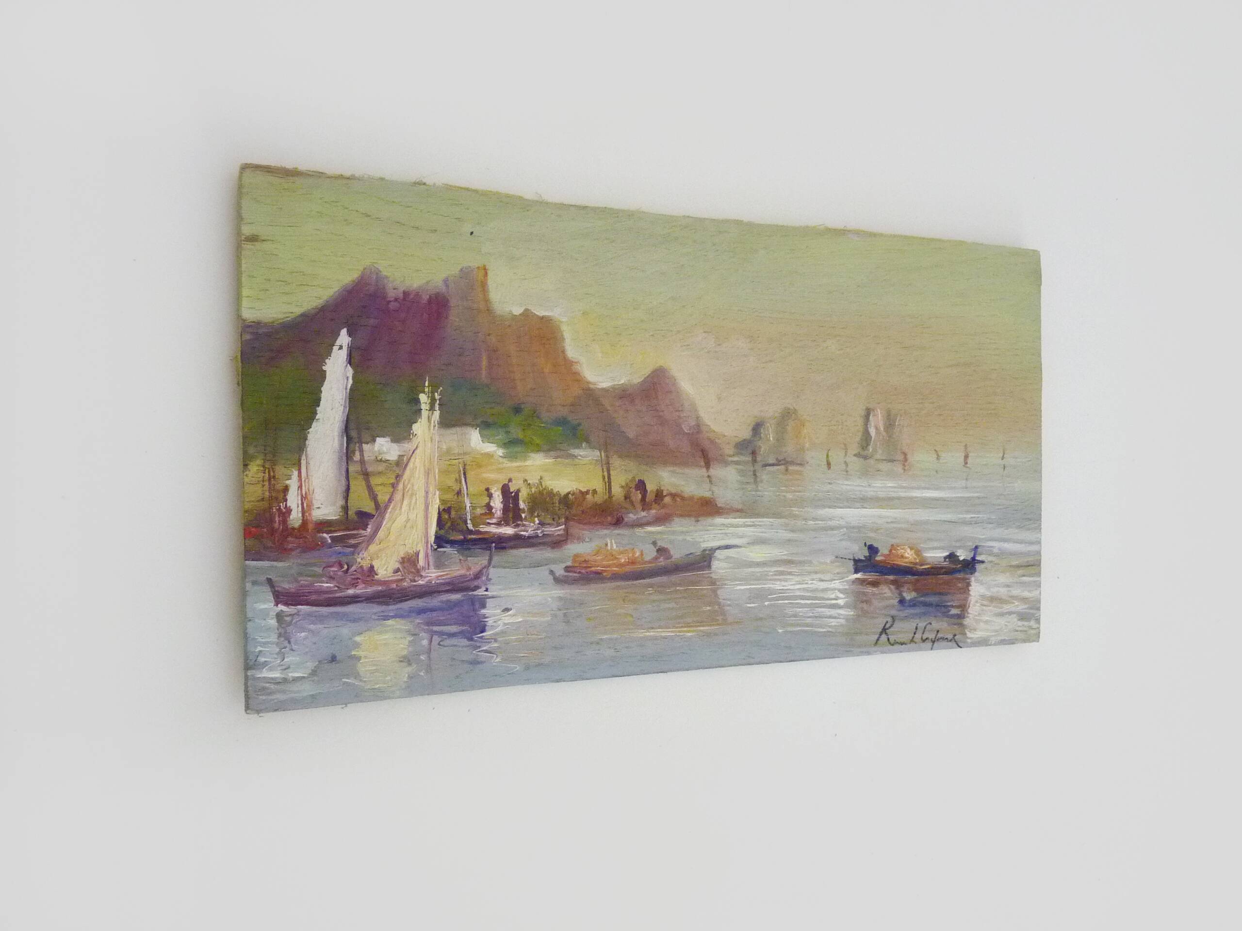Oil on wood by Riccardo Capone fishermen Italy 50s 60s