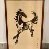 Chinese print black horse framed