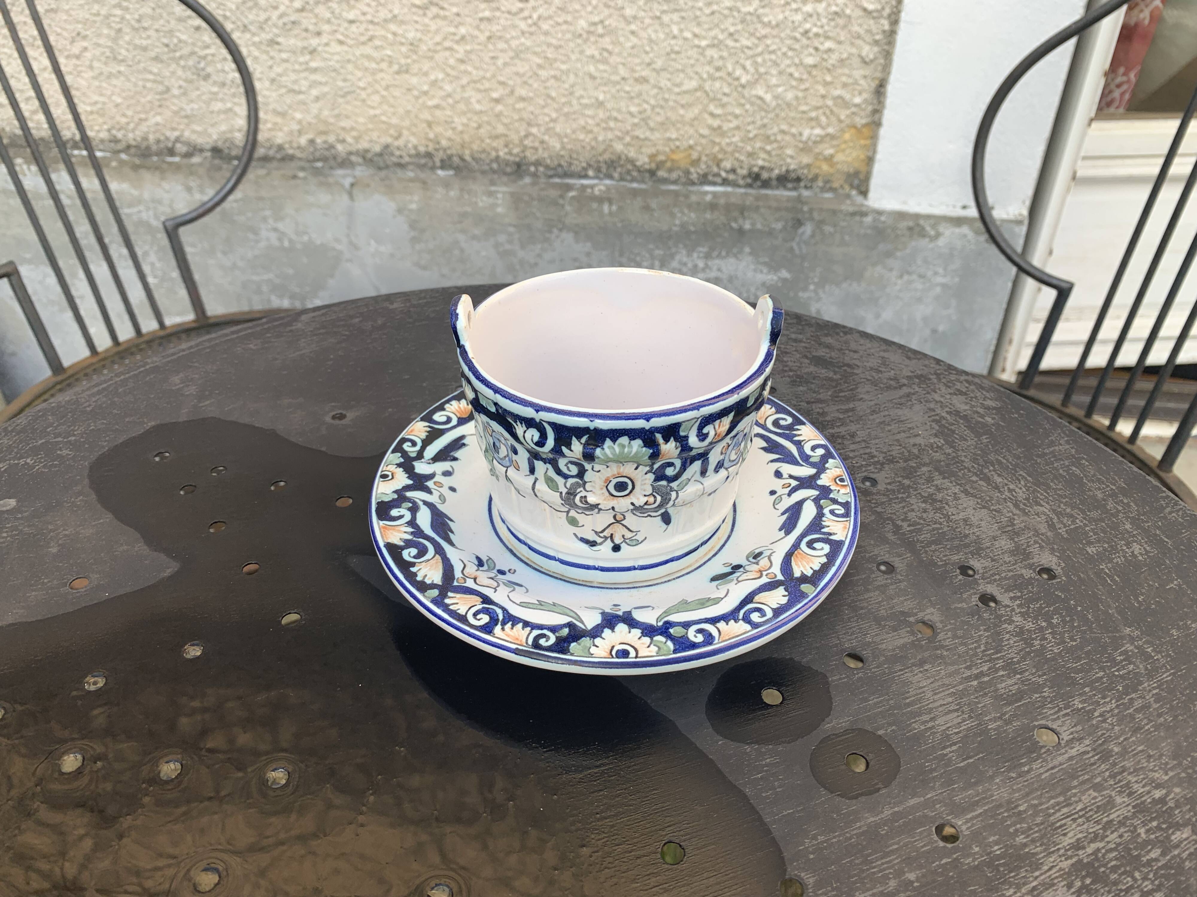 Butter dish, sauce pot in Old Rouen earthenware, handmade, made in France, floral pattern, vintage