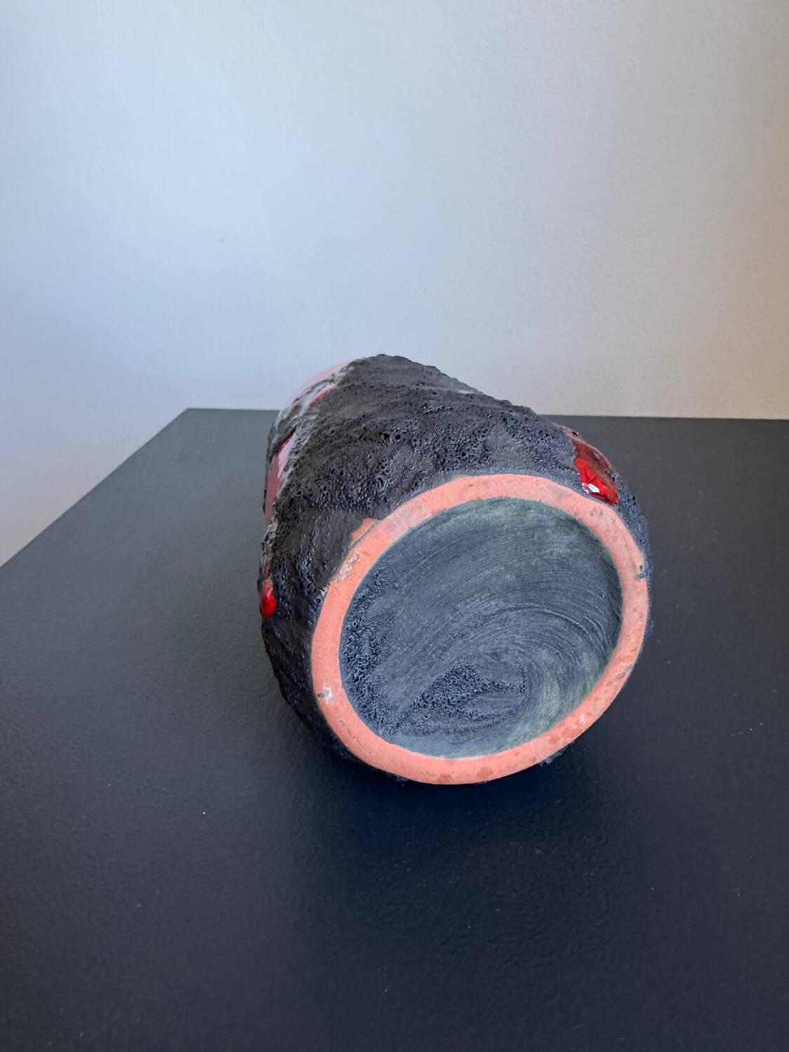 Vintage Mid Century Modern Fat Lava West German Black and Red Glazed V