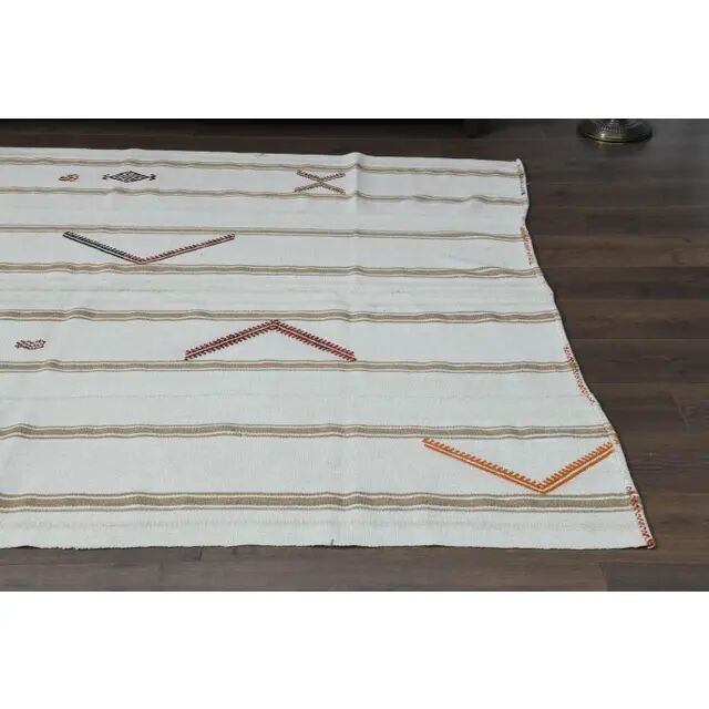 White Brown Antique Handmade Wool Kilim Rug 190x251