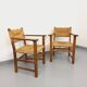 Suite de 2 fauteuils brutalistes vintage en bois de chêne et paille