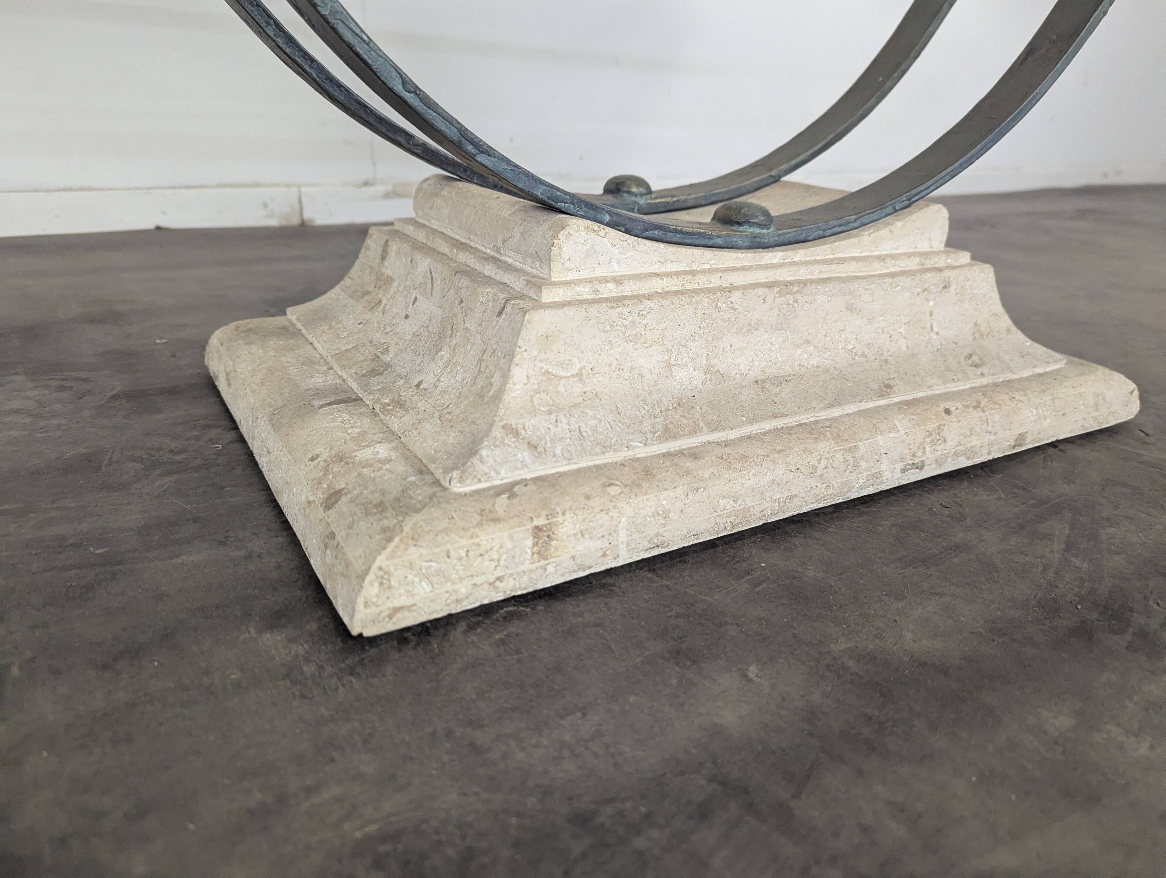 1980s coffee table with a travertine style and glass top.