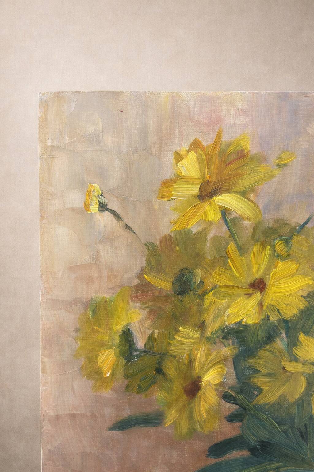 Still life with yellow flowers – oil on canvas signed H. Schramm – 46 x 3