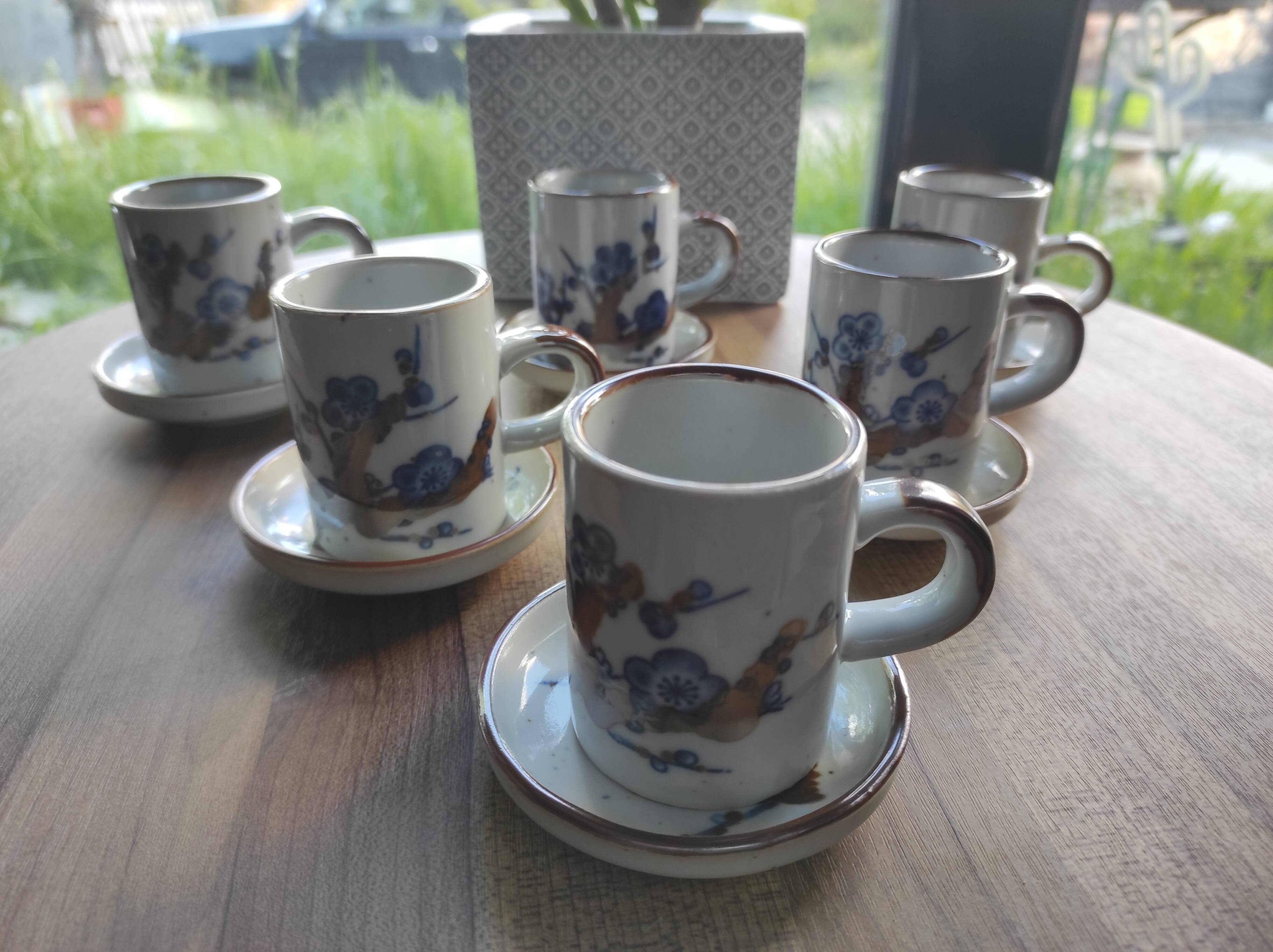 Set of 6 French stoneware coffee cups and 6 saucers