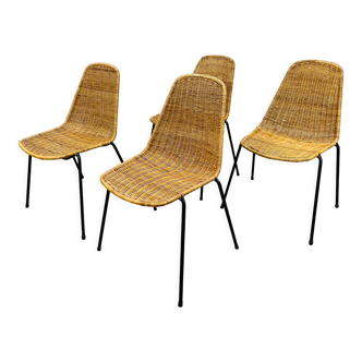 4 chaises Gianfranco Legler modèle Basket rotin et métal années 50