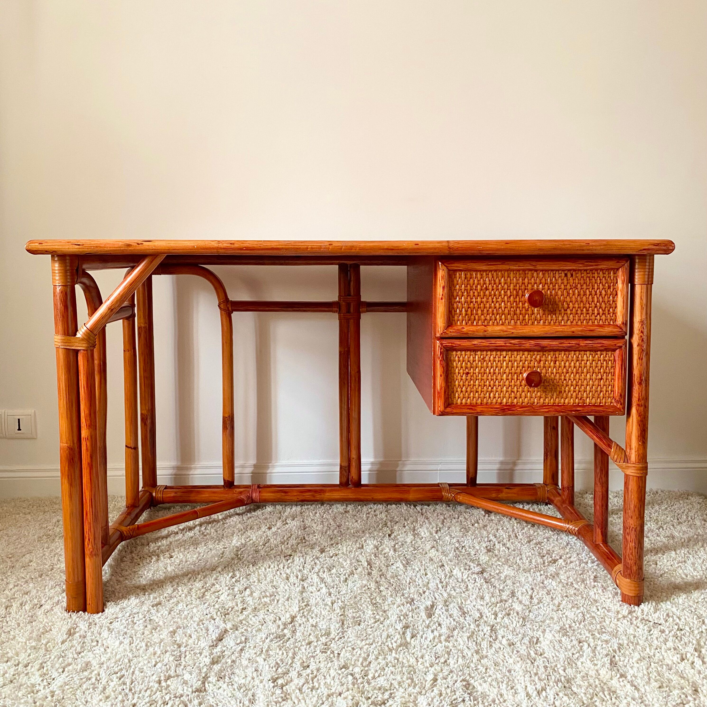 Rattan and bamboo desk Maugrion Roche Bobois