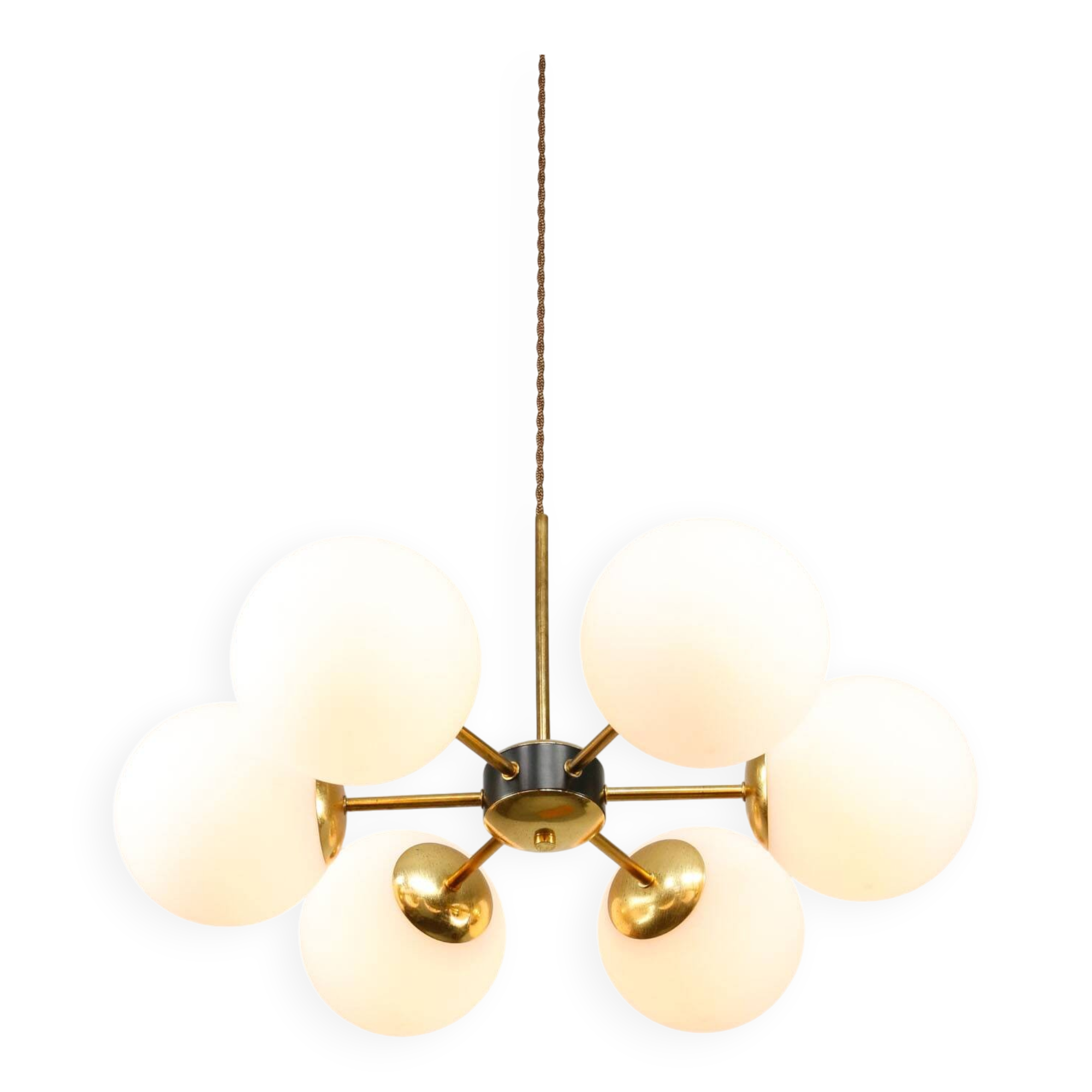 Mid-Century Modern Italian 6-Arm Sputnik Chandelier with Opaline Shades, 19