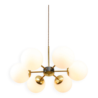 Mid-Century Modern Italian 6-Arm Sputnik Chandelier with Opaline Shades, 19
