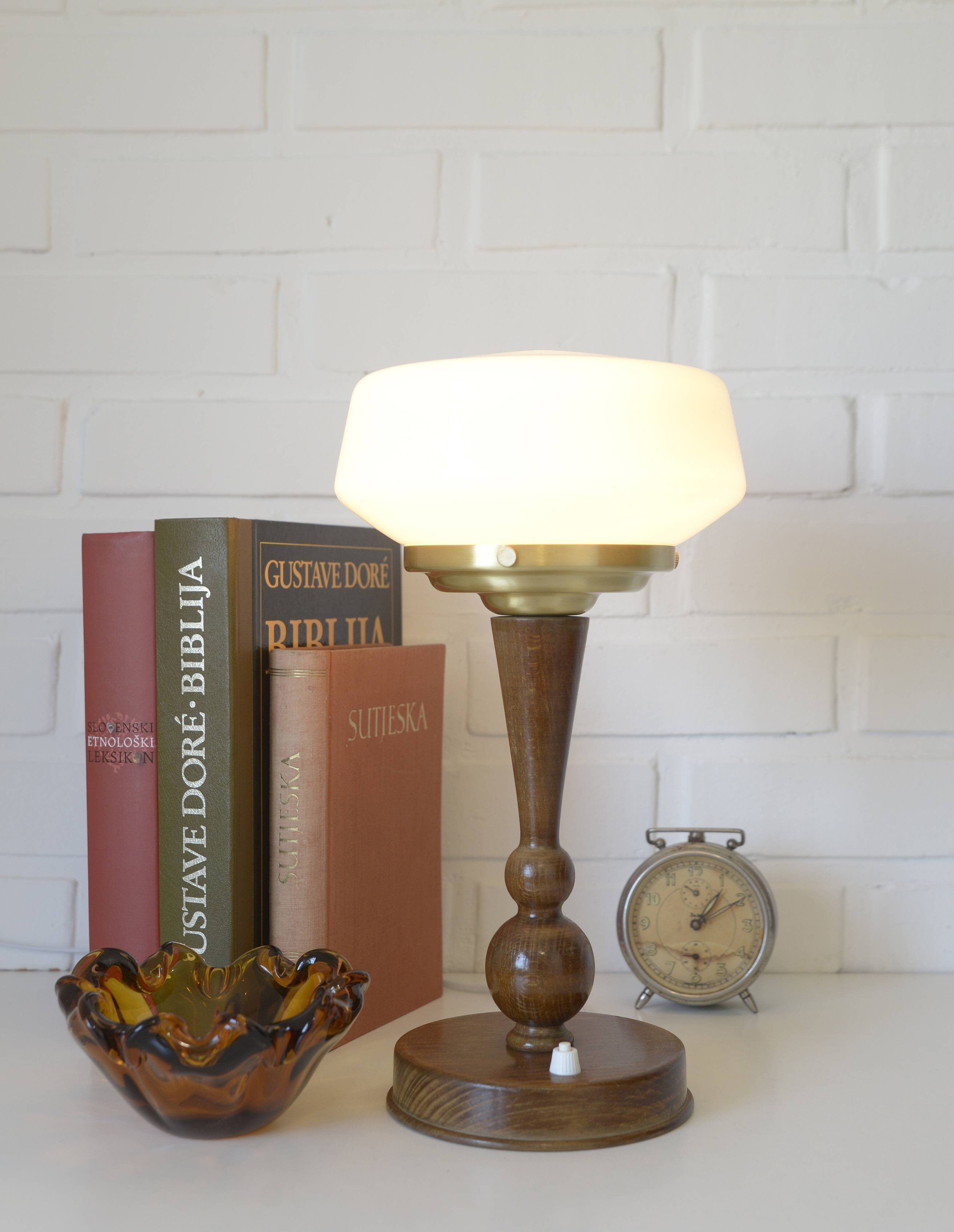 Art Deco Table Lamp | Vintage White Opaline Mushroom Glass | Restored Solid Wood | Fully Rewired | Bauhaus Style