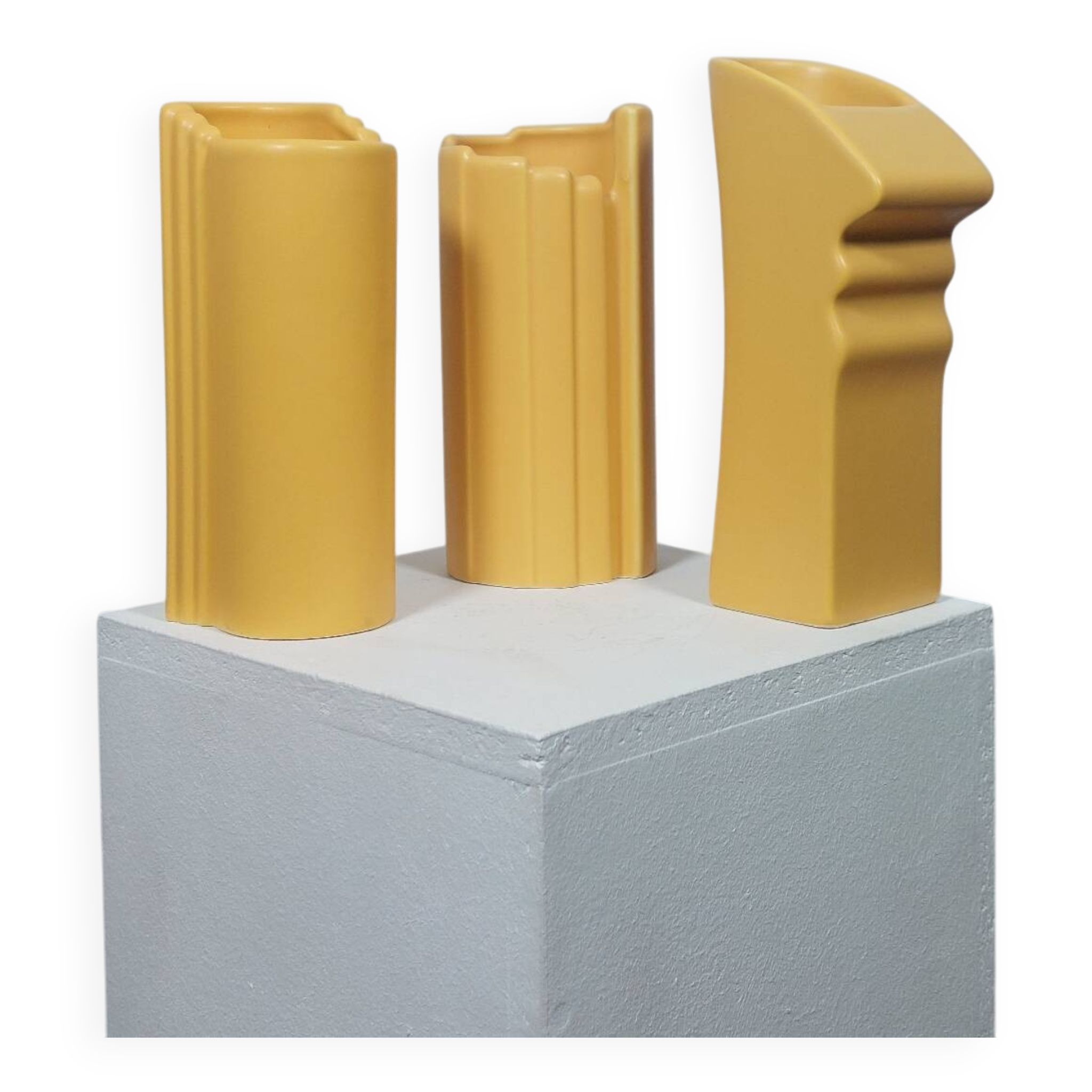 Three yellow vases in Memphis style by ASA Germany.
