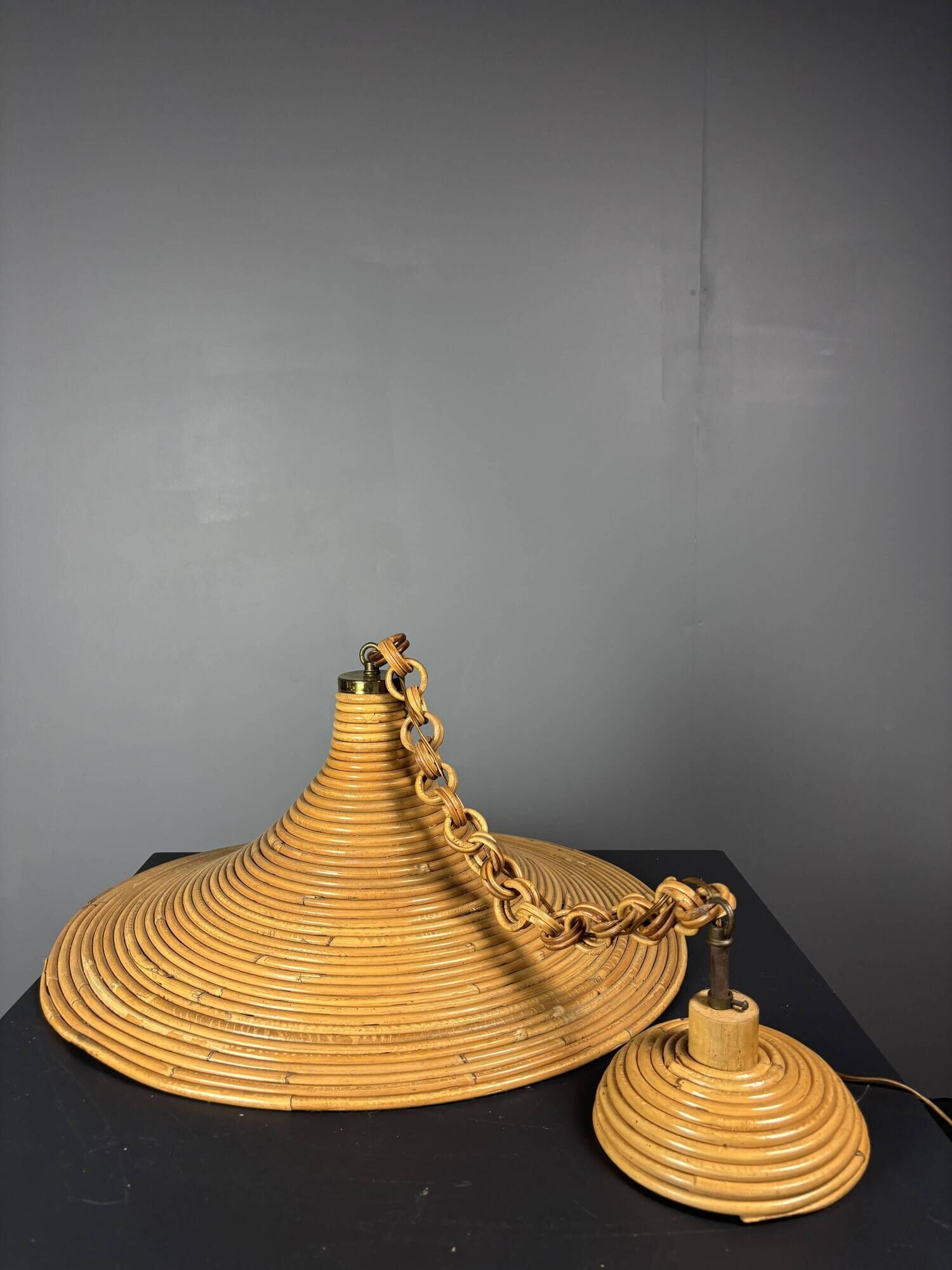 Mid-Century Italian witch hat pencil reed rattan bamboo and brass pendant