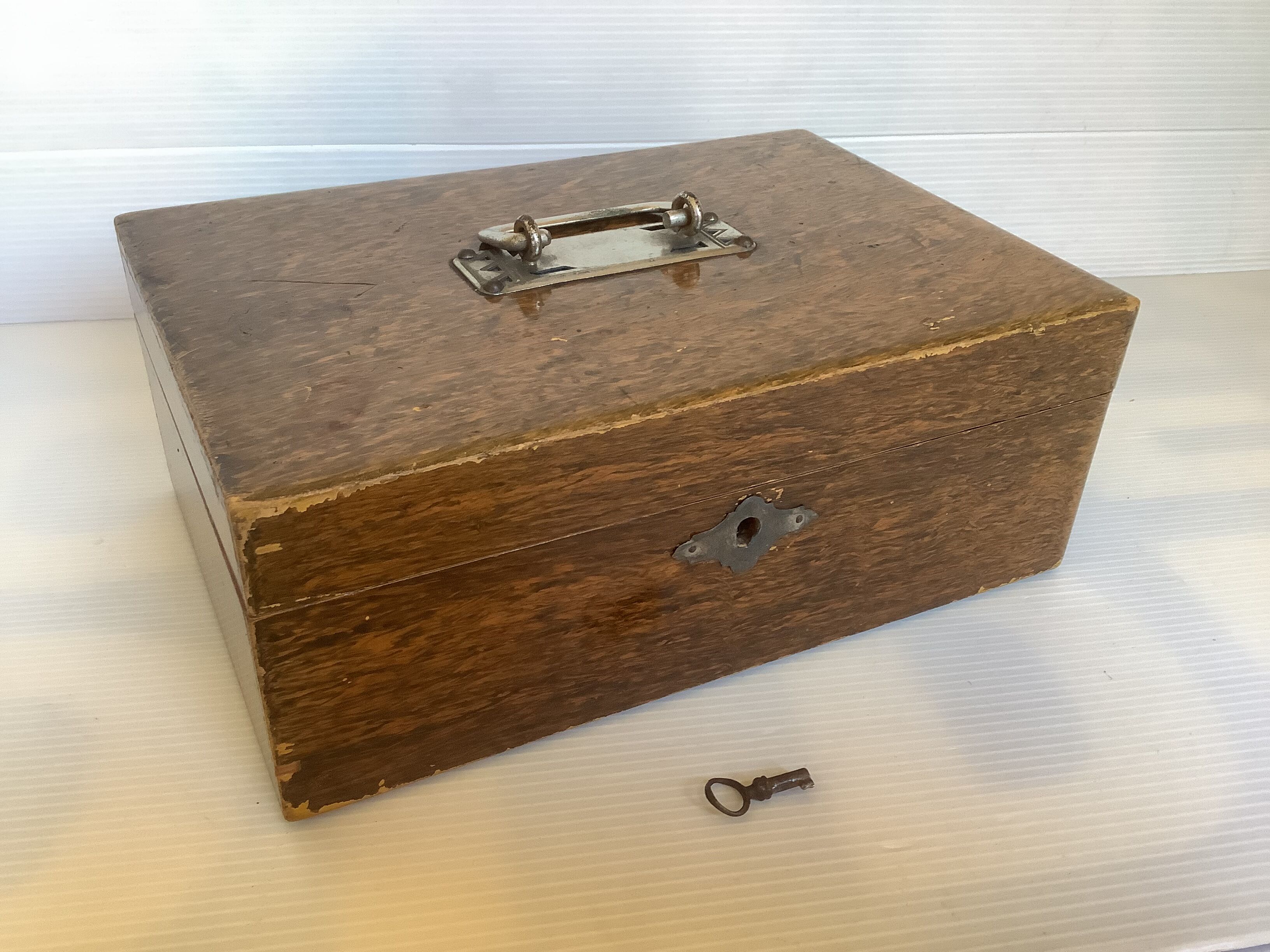 Old wooden box with handle and metal keys
