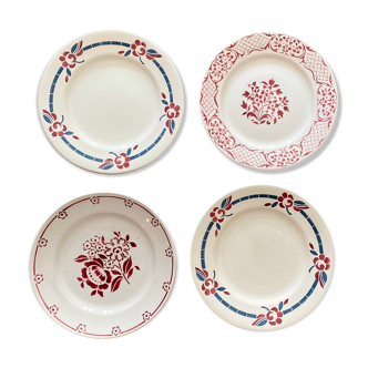 Dépareillé de 4 assiettes plates anciennes tons rouges