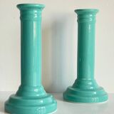 Paire bougeoirs céramique bleue océan vintage