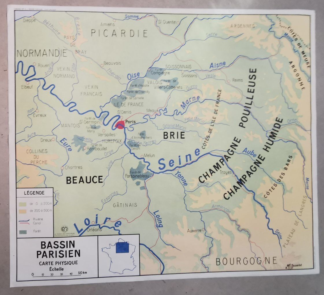 School poster two-sided Paris Basin / Normandy 1960 vintage
