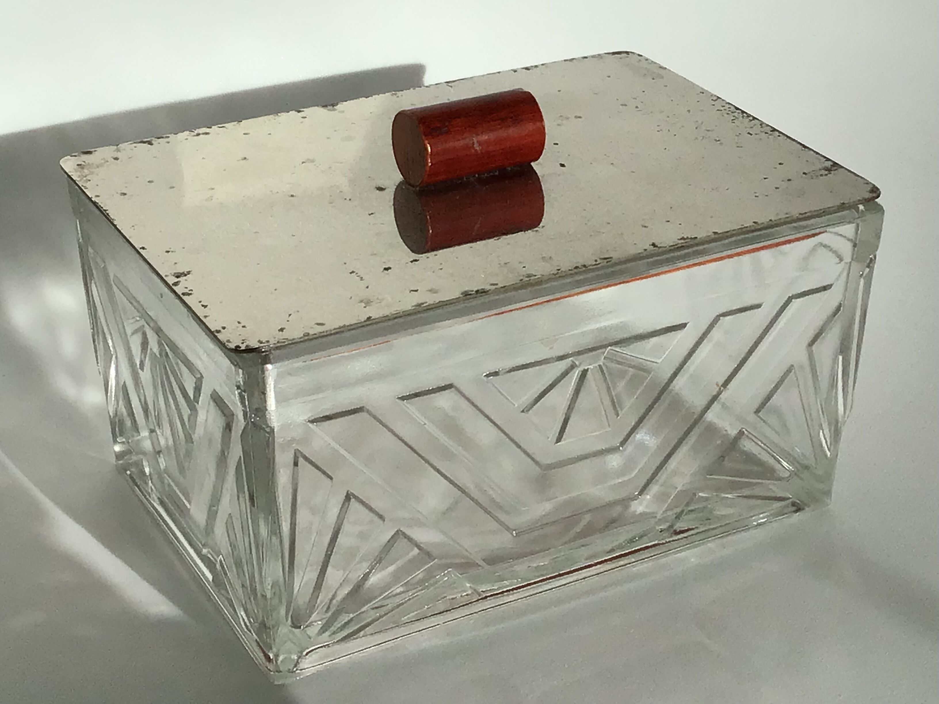 Art Deco box molded glass lid metal mirror