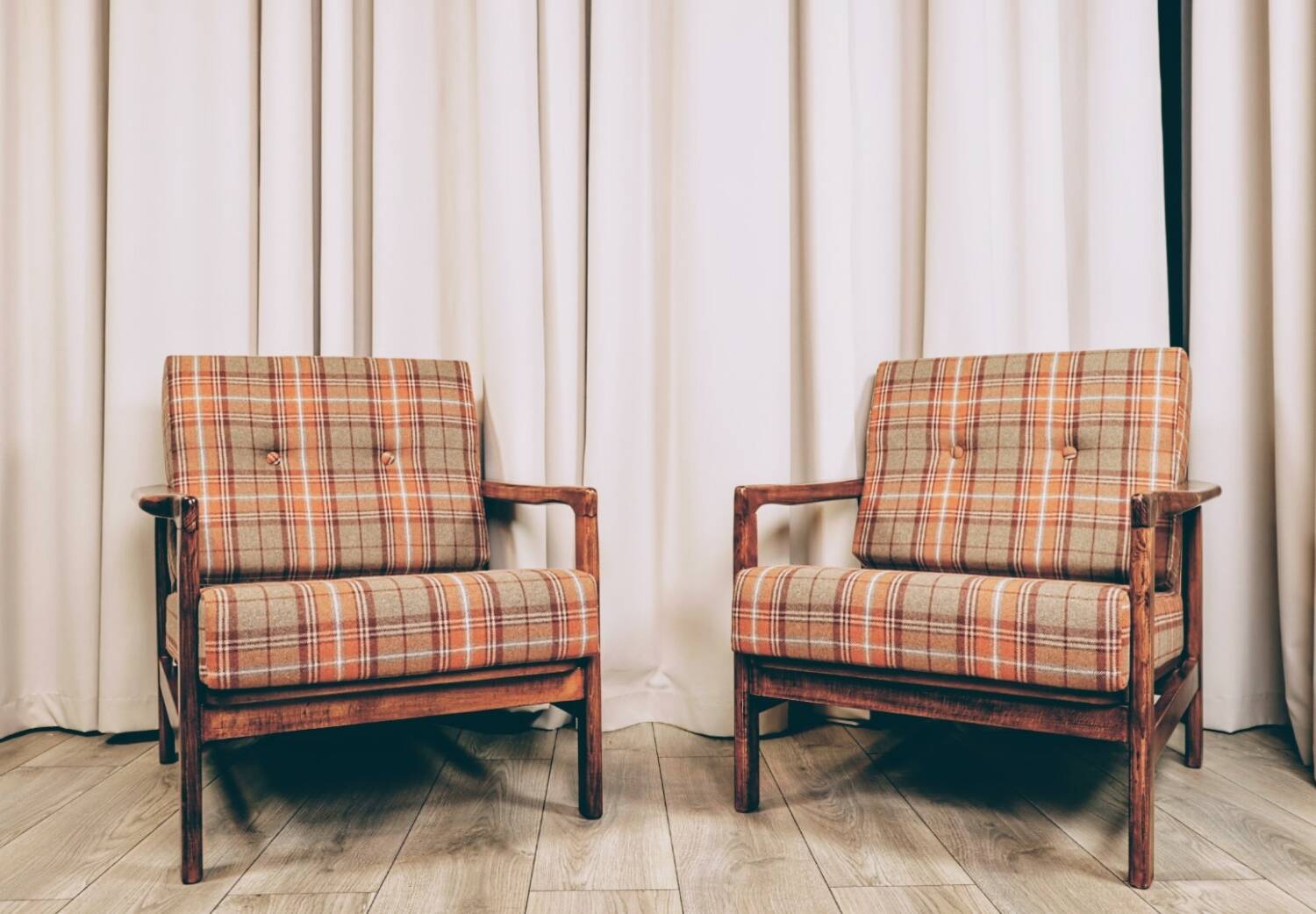 Scandinavian armchair in natural wool, orange, checked, 1965, Z. Baczyk