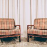 Scandinavian armchair in natural wool, orange, checked, 1965, Z. Baczyk