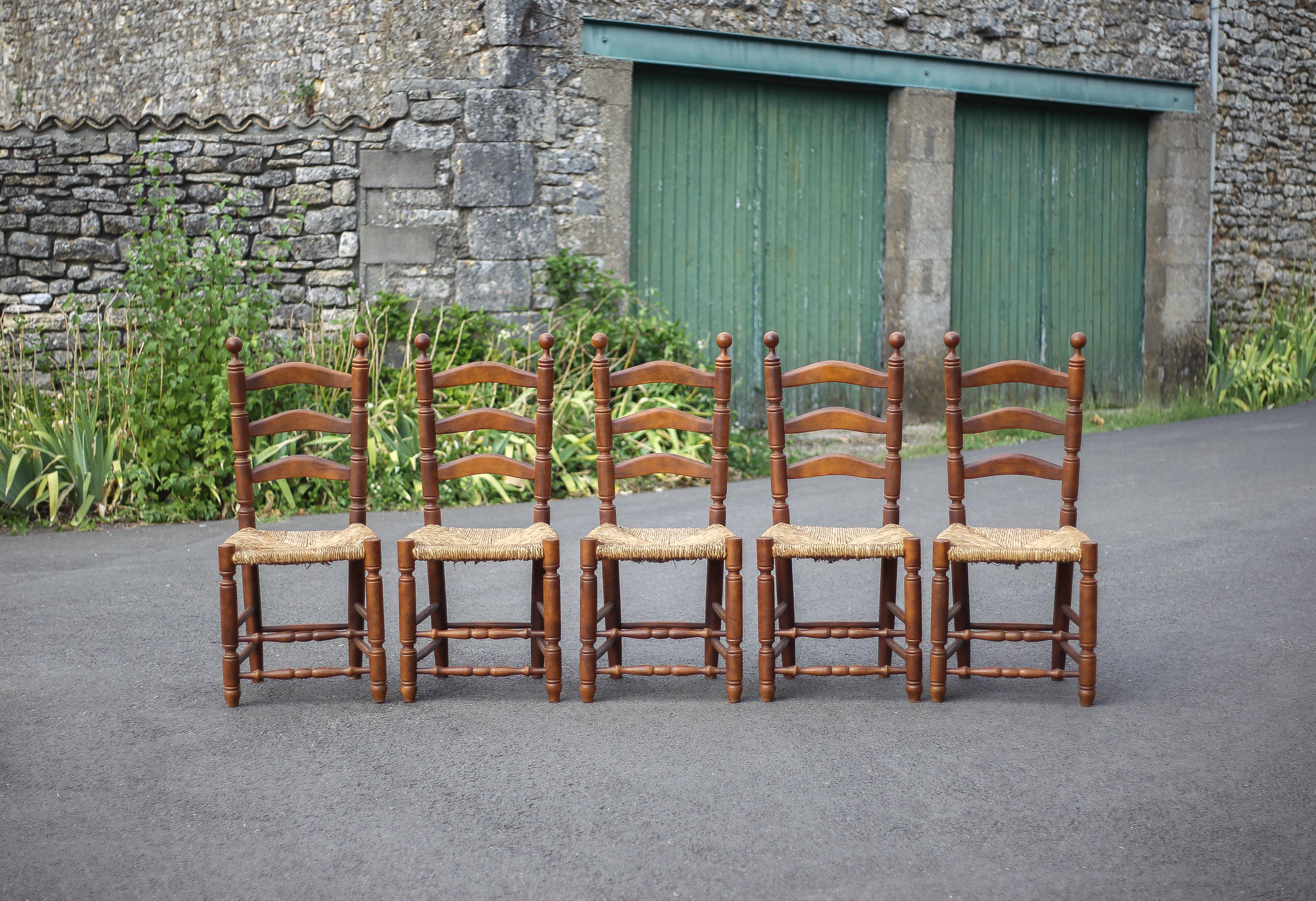 Set of 5 vintage wooden and straw chairs, straw chair, countryside