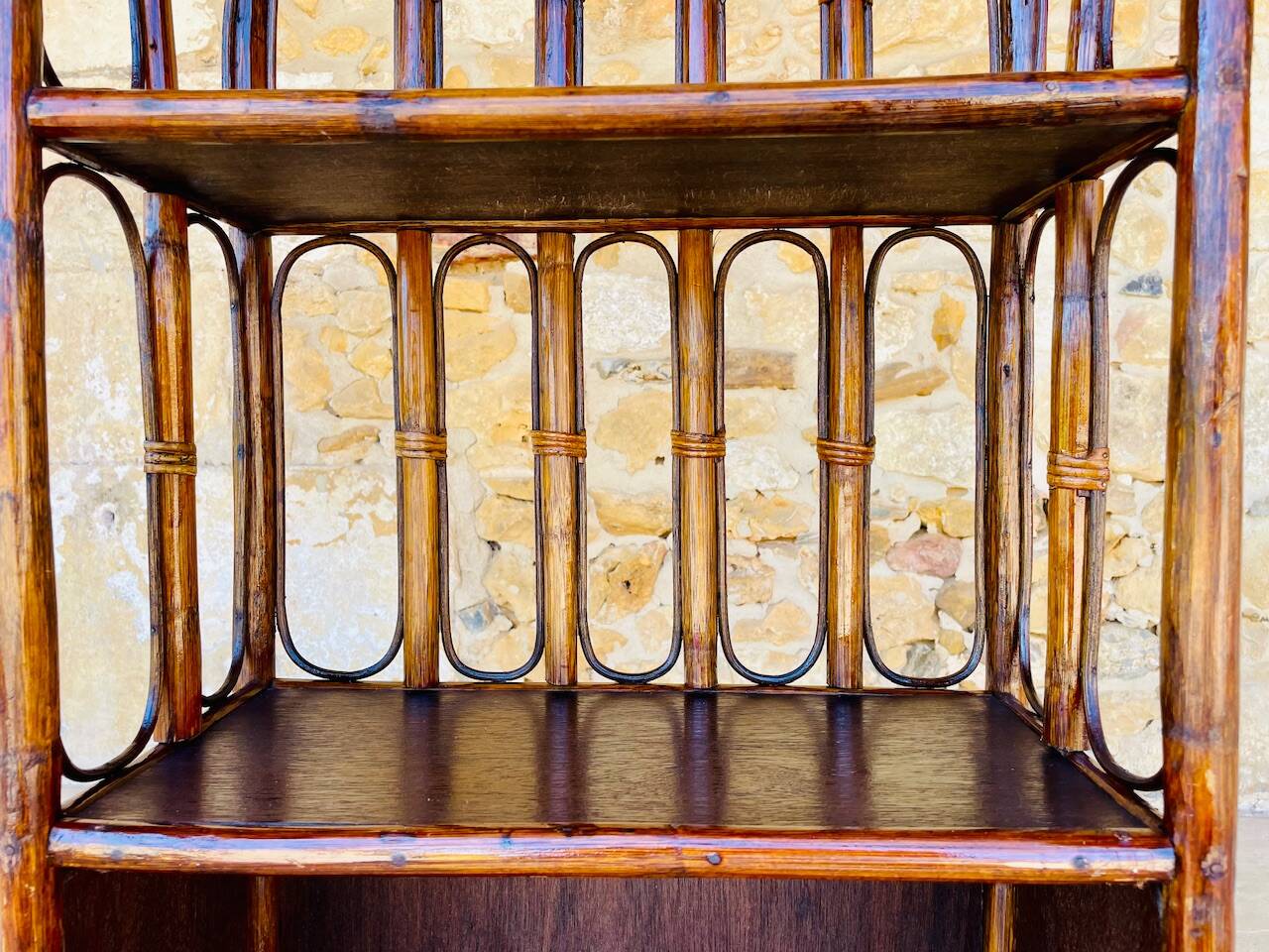 Vintage two-tier bamboo and rattan shelf with storage, Circa 1960