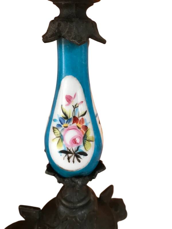Art Nouveau Candle Holder Pair – Chiseled Metal and Hand-Painted Porcelain