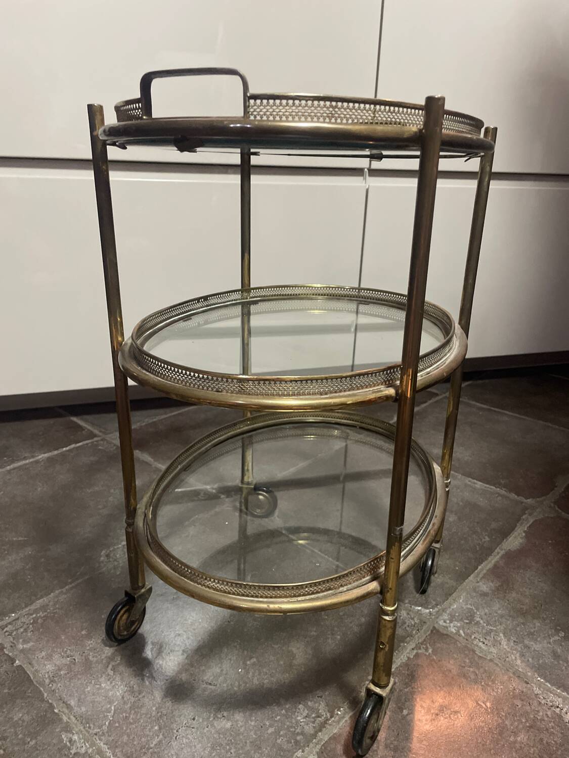 Serving cart, shelf, three-tier metal and glass trolley